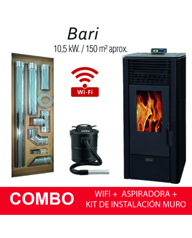COMBO ESTUFA PELLET BARI NEGRA 10 KW + KIT HORIZONTAL MURO + WIFI + ASPIRADORA COMBO ESTUFA PELLET BARI NEGRA 10 KW + KIT HORIZONTAL MURO + WIFI + ASPIRADORA