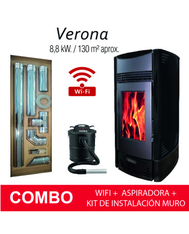 COMBO ESTUFA PELLET VERONA NEGRA 8,8 KW + KIT HORIZONTAL MURO + WIFI + ASPIRADORA COMBO ESTUFA PELLET VERONA NEGRA 8,8 KW + KIT HORIZONTAL MURO + WIFI + ASPIRADORA