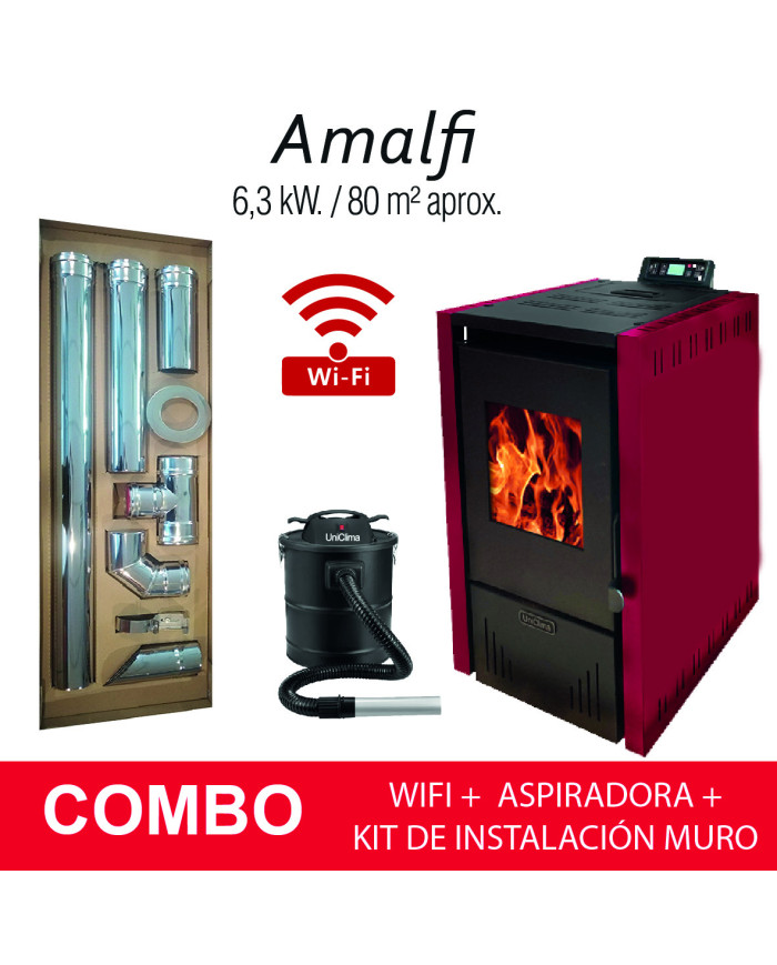 COMBO ESTUFA PELLET AMALFI BURDEO 6 KW + KIT HORIZONTAL MURO + WIFI + ASPIRADORA