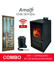 COMBO ESTUFA PELLET AMALFI NEGRA 6 KW + KIT HORIZONTAL MURO + WIFI + ASPIRADORA