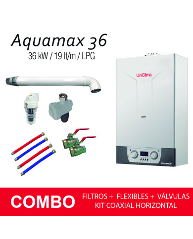 COMBO CALDERA MURAL AQUAMAX 36 LPG + KIT HORIZONTAL GASES + FILTROS+ FLEXIBLES + VÁLVULAS COMBO CALDERA MURAL AQUAMAX 36 LPG + KIT HORIZONTAL GASES + FILTROS+ FLEXIBLES + VÁLVULAS