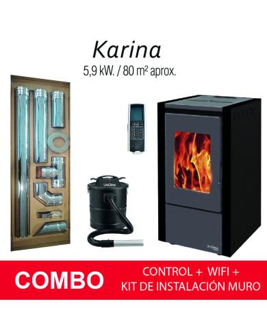 COMBO ESTUFA PELLET KARINA NEGRA 6 KW + KIT HORIZONTAL MURO + CONTROL + ASPIRADORA COMBO ESTUFA PELLET KARINA NEGRA 6 KW + KIT HORIZONTAL MURO + CONTROL + ASPIRADORA