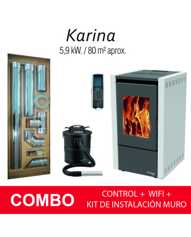 COMBO ESTUFA PELLET KARINA BLANCA 6 KW + KIT HORIZONTAL MURO + CONTROL + ASPIRADORA COMBO ESTUFA PELLET KARINA BLANCA 6 KW + KIT HORIZONTAL MURO + CONTROL + ASPIRADORA