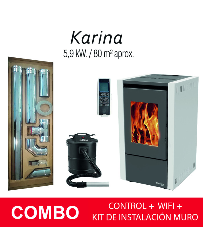 COMBO ESTUFA PELLET KARINA BLANCA 6 KW + KIT HORIZONTAL MURO + CONTROL + ASPIRADORA