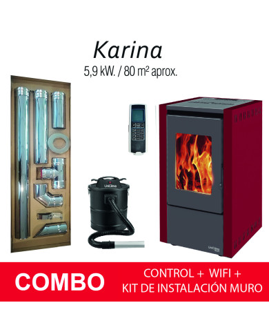 COMBO ESTUFA PELLET KARINA ROJA 6 KW + KIT HORIZONTAL MURO + CONTROL + ASPIRADORA COMBO ESTUFA PELLET KARINA ROJA 6 KW + KIT HORIZONTAL MURO + CONTROL + ASPIRADORA