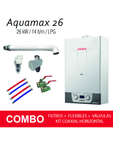 COMBO CALDERA MURAL AQUAMAX 26 LPG + KIT HORIZONTAL GASES + FILTROS+ FLEXIBLES + VÁLVULAS