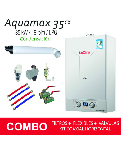 COMBO CALDERA MURAL AQUAMAX 35 COND. LPG + KIT HORIZONTAL GASES + FILTROS+ FLEXIBLES + VÁLVULAS